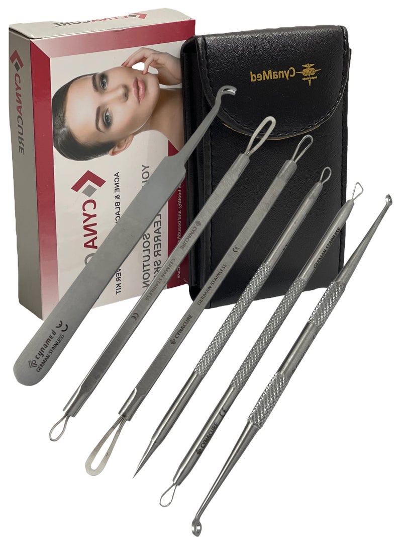 German Stainless Professional Set of 6 Blackhead Remover Comedones Extractor Acne Removal Kit for BlemishWhitehead Popping Zit Removing for Nose Face ToolsBlackhead Removal wZipper Leather case